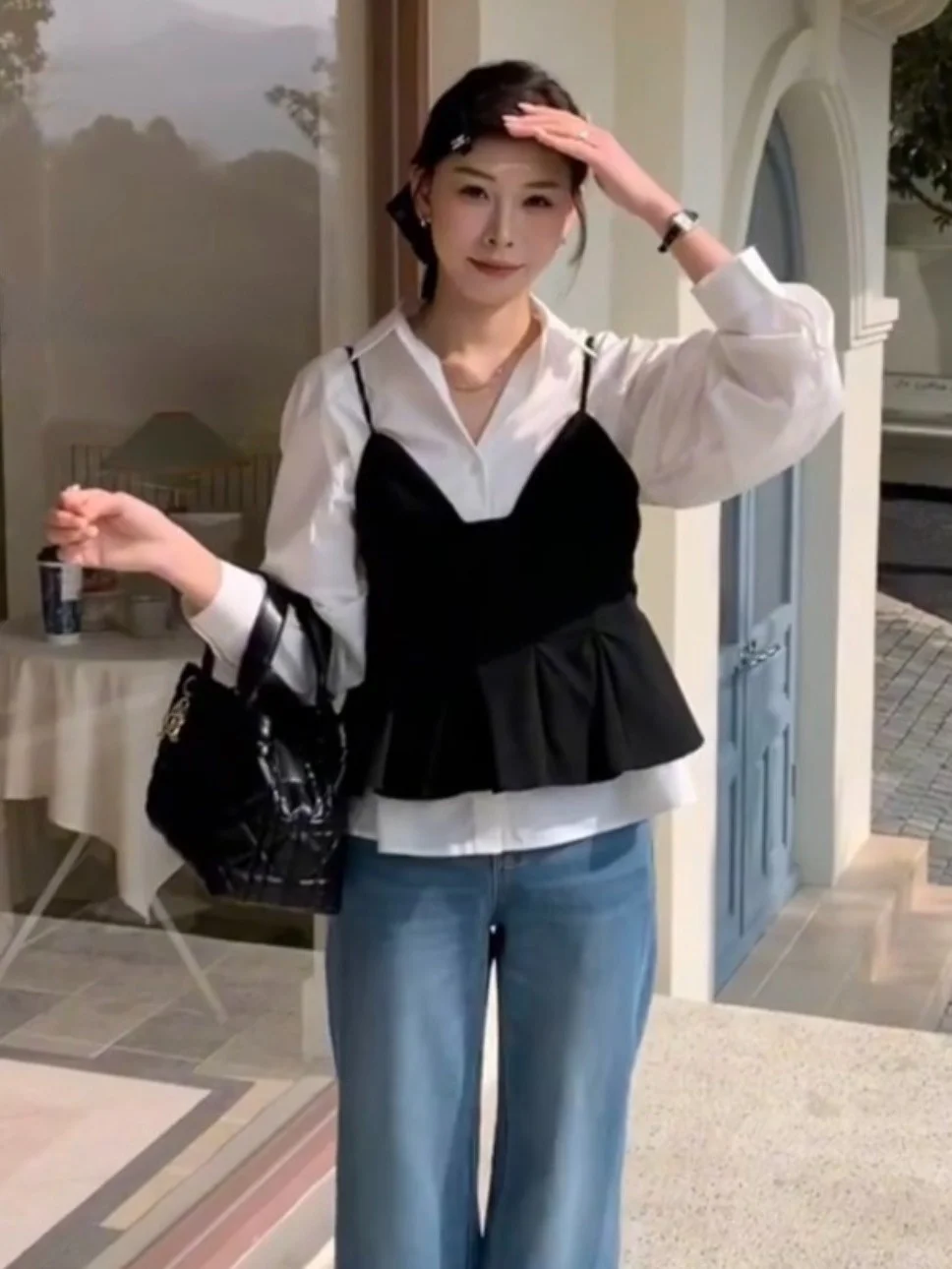 

Sweet Bla Strap Vest Women's Spring Faion Layering Long Sve irt Two-Piece Set Anti-Aging Top Korean Sle Commute