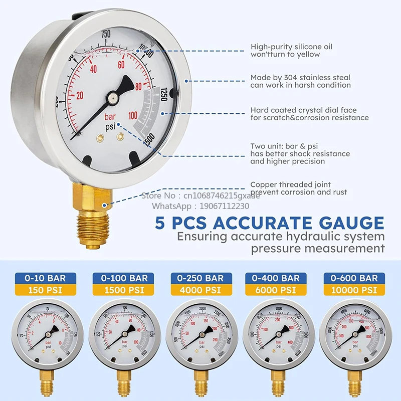 Hydraulic Pressure Test Kit for Excavator Construction Machinery with 5 Gauges 13 Test Couplings 14 Tee Connectors and 5