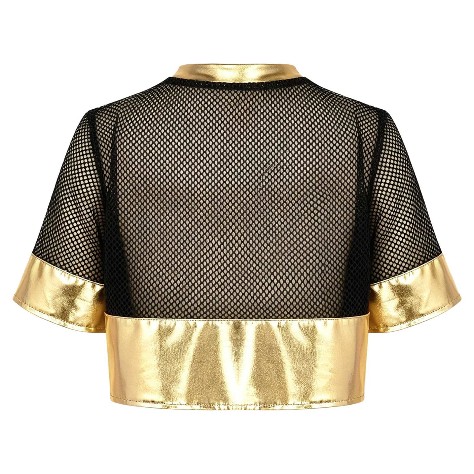 Children Girls Hollow Out Mesh Patchwork Metallic Crop Top Short Sleeve Number Graphic T-shirt for Hip Hop Dance Sports