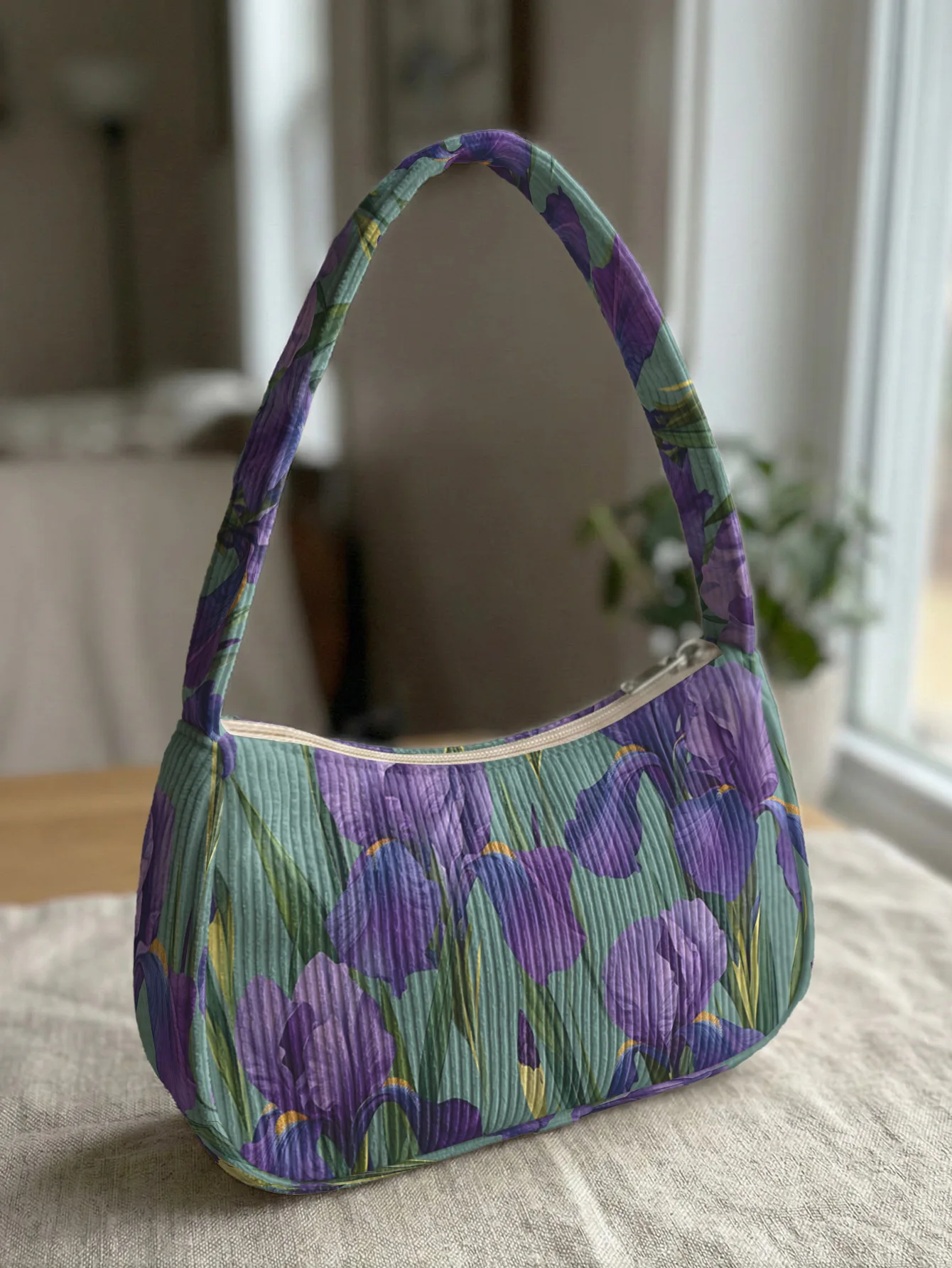 Trendy Purple Iris Print Shoulder Bag, Green Corduroy Underarm Bag for Daily Casual Use