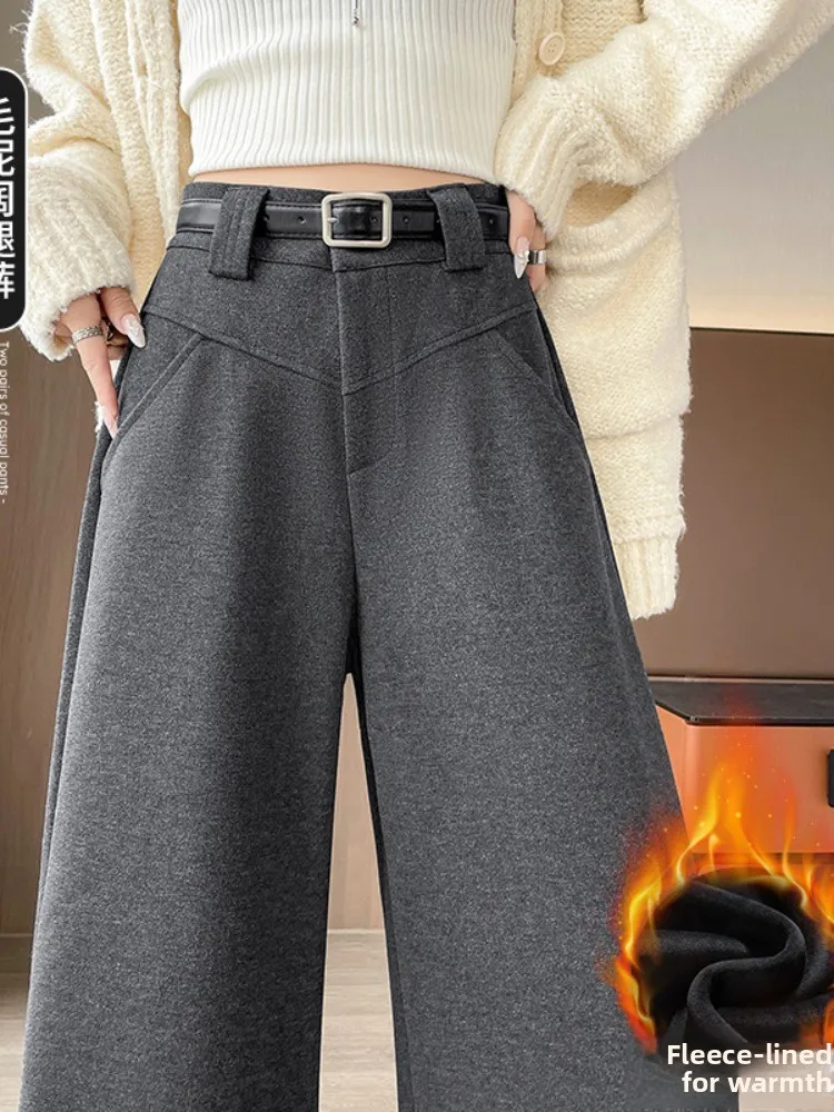 

Женские шерстяные брюки с высокой талией, широкие, осенне-зимние, утепленные флисом, из ацетатной ткани, прямые, струящиеся, в стиле «рисовая лапша»