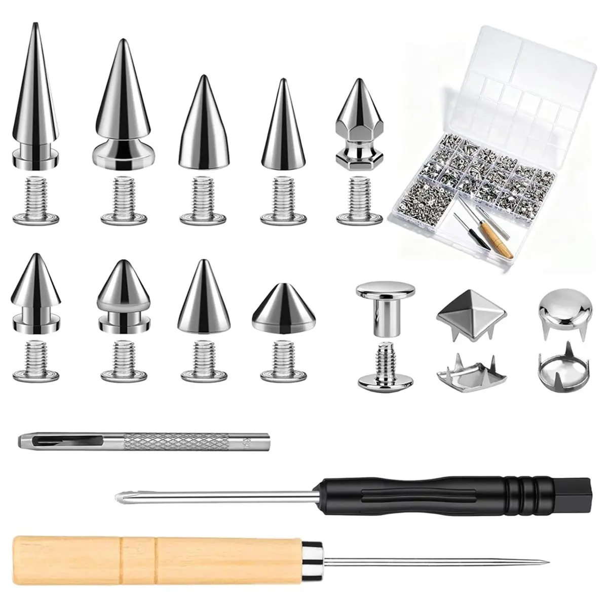 【50% OFF】756PCS Punk Studs for Clothing, 12 Size Metal Spikes and Studs Leather Rivets for Craft Square Studs Round Dome Rivets