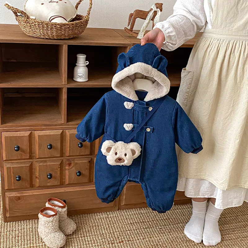 Baby Cotton Denim Crawling Suit 2025 New Winter Baby Super Cute Hooded and Plush Jumpsuit Newborn Clothes