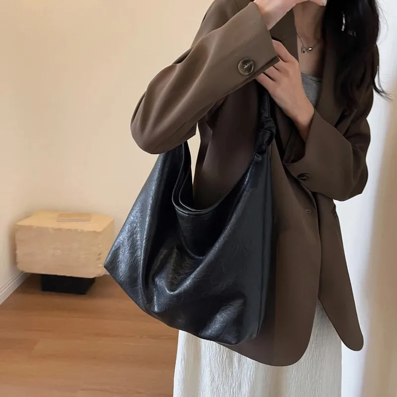 Retro Leather Tote Bag Women Large Capacity Shoulder Bags Luxury Fashion Brown Handbags Shopping 2024 New Big Underarm Hobo Bag