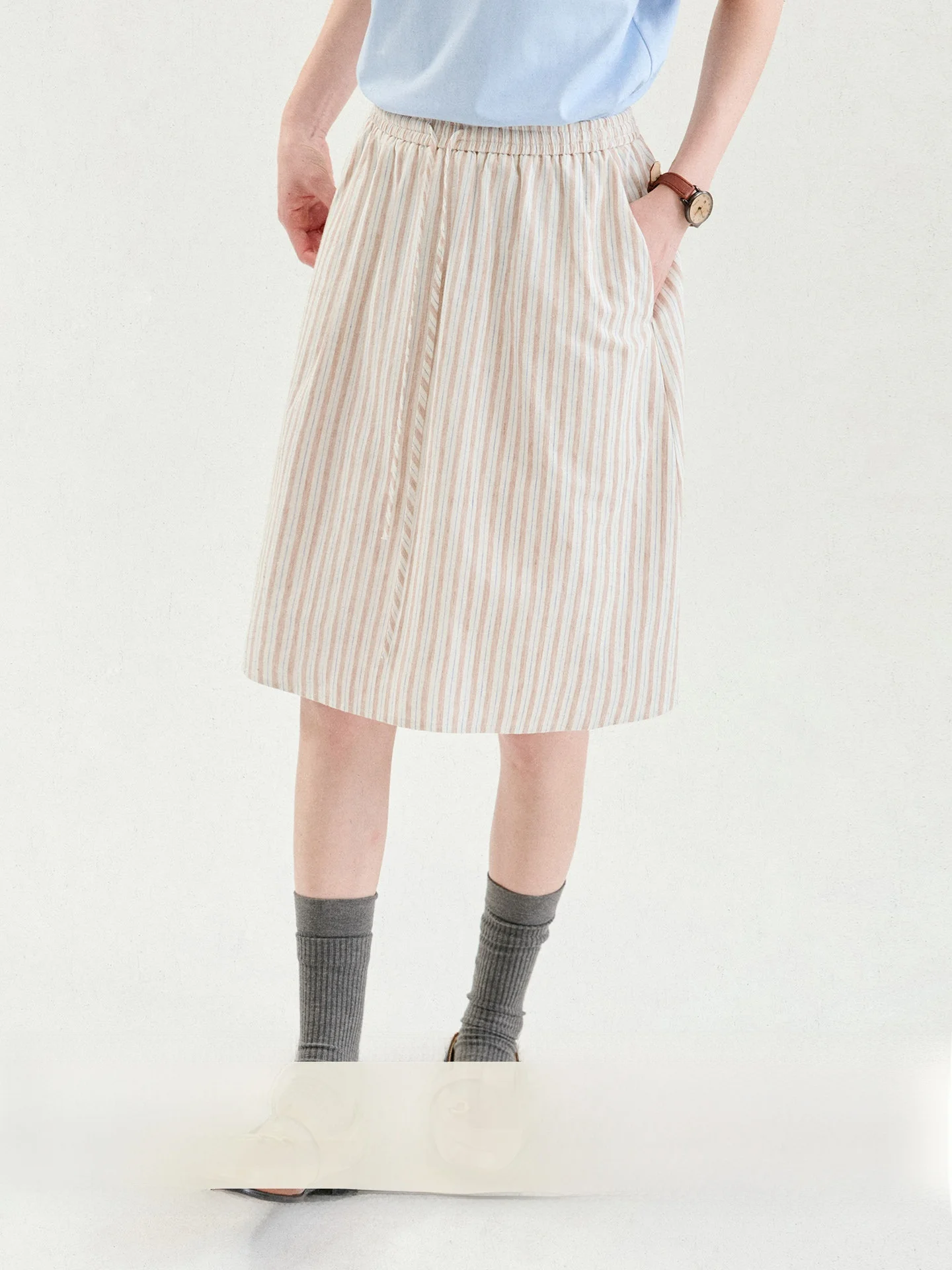 AMUU Original Retro Striped Waist A-Line  Skirt Women's Summer New Pocket Half-length Skirts Korean Style High Waist Cott...