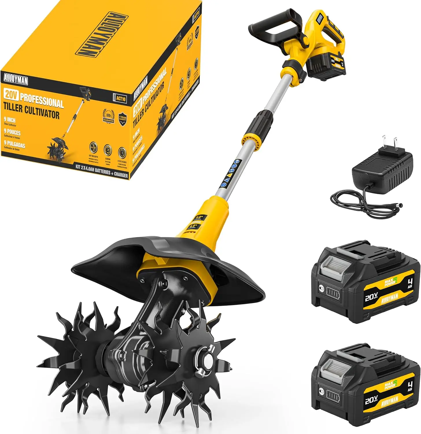 Electric Garden Tiller Cultivator, 20V Cordless Rototiller 330RPM with Two 4.0Ah Batteries, 9-Inch Tilling Width and 6.5-Inch Depth, Lightweight Adjustable Handle for Soil Cultivation and Gardening