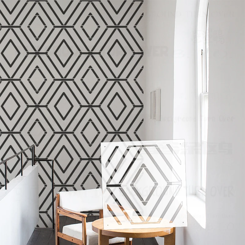 30cm - 70cm Stencil Wall For Plaster Decor Template To Paint Decors Painting Drawing Furniture Geometric Luxury Diamond S038