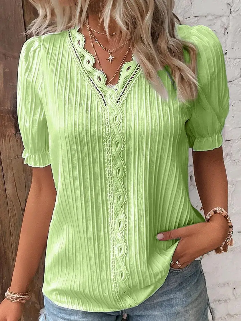 Women Fashion Solid Color Blouses Shirts Casual V-Neck Short Sleeve Elegant Blouses Tops Ladies Summer Classics Basic White Tops