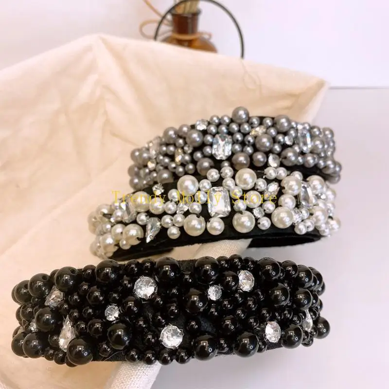 

N5KB Glitter Wide Headband for Rhinestone Padded Hairband Baroque Crystal Beaded Hair