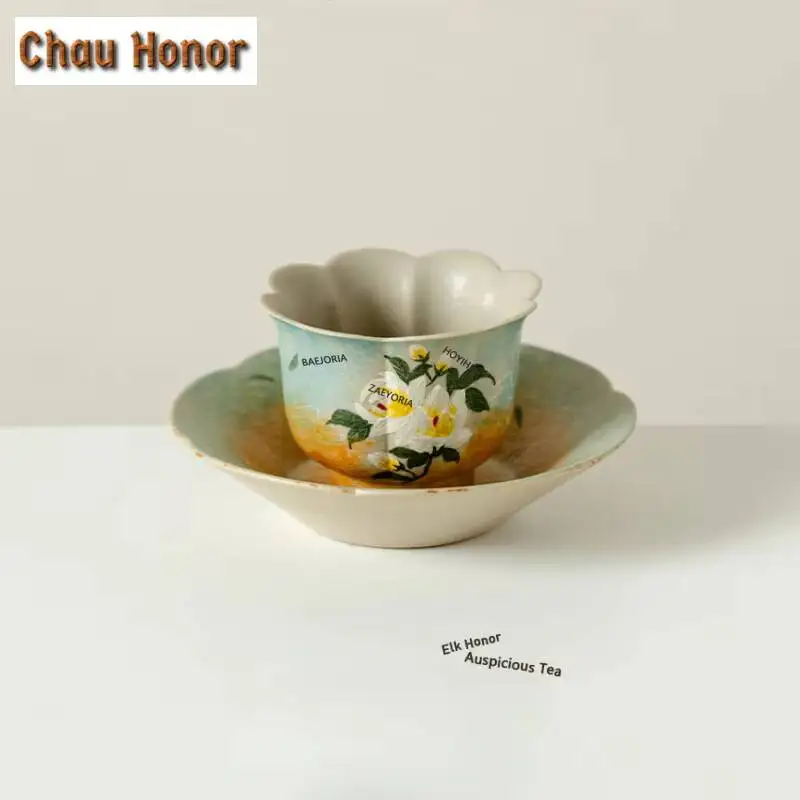 ZAEYORIA Hand-painted Gardenia Teacup Tea Bowl With Holder Cup Coaster Kit Tea-tasting Meditation Cup Chazhan Master Cup Base