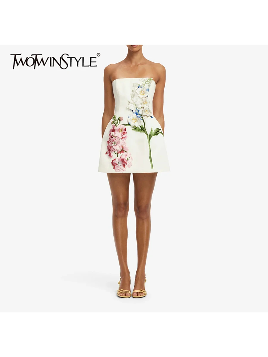 TWOTWINSTYLE 3D Flower Slimming Mini Dress for Women Strapless Sleeveless Patchwork Zipper Casual Dresses Female Fashion Style