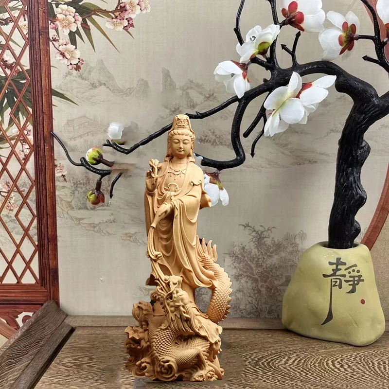 Natural Wood Dragon Guanyin Buddha Statue, Traditional Hand-carved  Chinese Buddhist Figures Home Living Room Feng Shui Statue