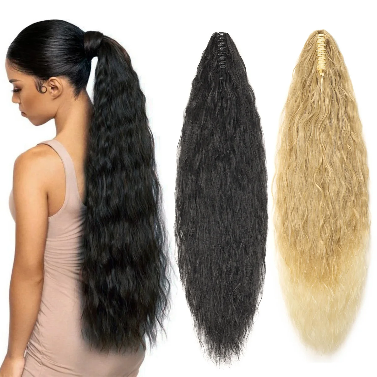30 Inches Synthetic Long Curly Corn Wave Ponytail Claw On With Blond Hair Extension Natural Wavy Ponytail Wig Colored Ponytail