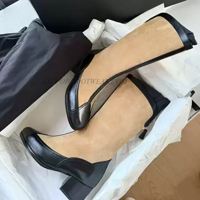 Botas de media pantorrilla de piel de ante negro y albaricoque, novedad de pasarela de otoño 2025, botas de tacón bajo para mujer, zapatos de vestir informales de diseñador de lujo