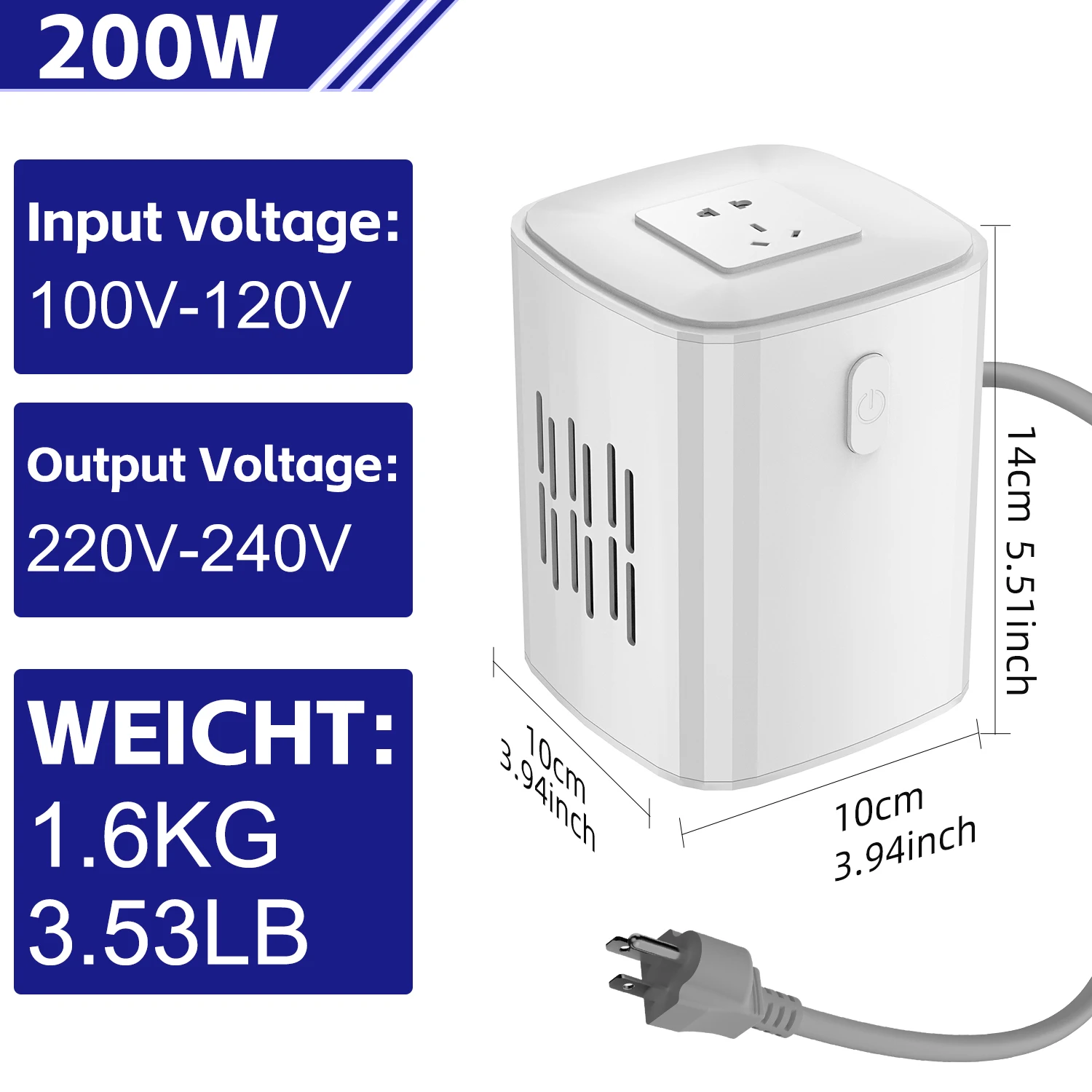 Small Portable Voltage Converter Transformer, 200W, 110V to 220V and 220V to 110V Step-Up/Step-Down Power Converter.