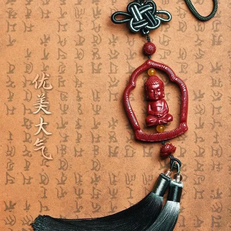Chinese Style Cinnabar Baby Buddha Lotus Car Rearview Mirror Hanging Ornament Lucky Blessing Wealth Attracting Safe Travel Penda