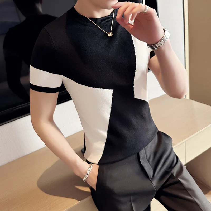 2023 Summer Contrast Color Knitted T-shirt Men Short Sleeve Round Neck Sweater Pullover Casual Business Social Tee Men Clothing