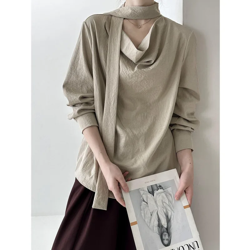 Spring Scarf Collar Halter Ribbon Blouse Women Long Sleeve Loose Straight Fashion Korean Tops