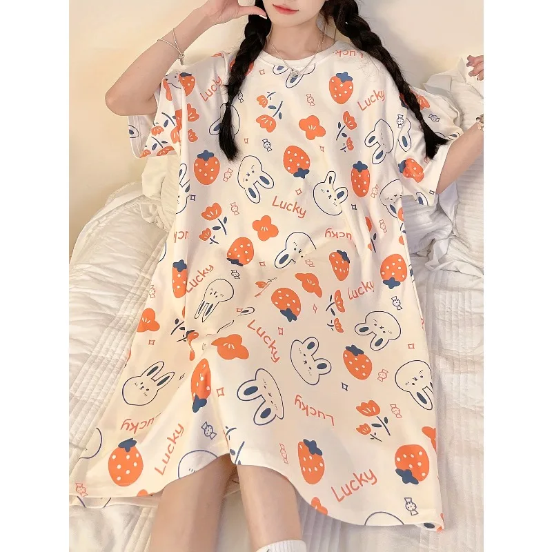 

Ladies Summer Short Sleeve Pajamas - Cute Cartoon Strawberry and Rabbit Print, Crew Neck, Family Casual Wear, Going Out Dress