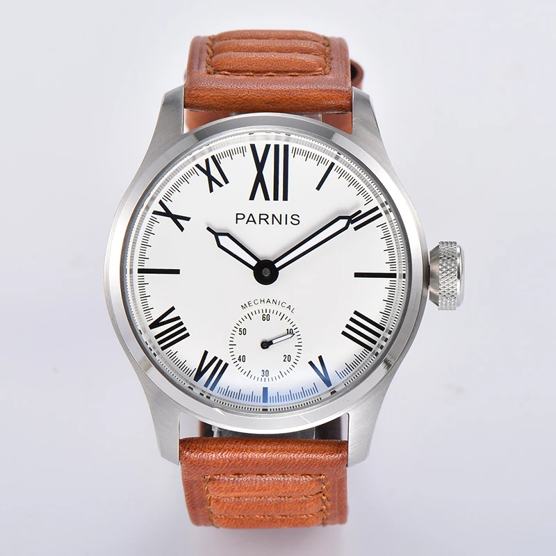 

Fashion Parnis 46.5mm White Dial Mechanical ST3620 Hand Wind Men Watch Leather Strap Men's Watches relogios masculino