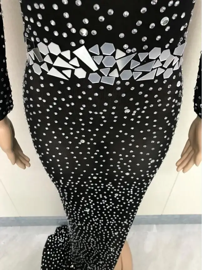 Shining Silver Rhinestone Black Mesh Transparent Evening Long Sleeves Mirrors Dress Evening Birthday Celebrate Costume Outfit