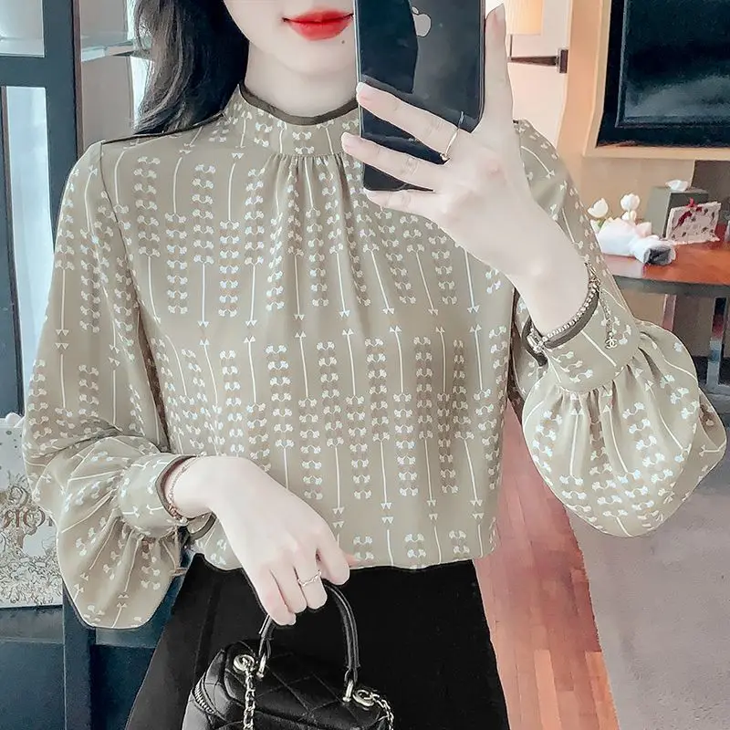 Pullover da donna colletto alla coreana Patchwork Bottom 2023 primavera e autunno New Chic Fashion Chiffon stampato camicie a maniche lunghe top