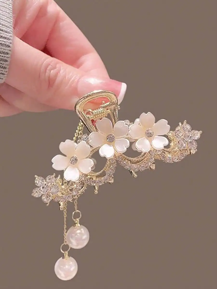 

Floral Pearl Rhinestone Hair Claw Clip With Tassel, Zinc Alloy Womens Elegant Hair Accessory