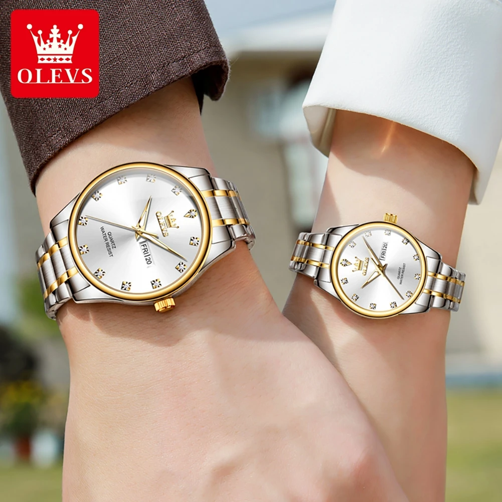 OLEVS-reloj de cuarzo para hombre y mujer, cronógrafo de lujo con esfera de diamante, correa de acero inoxidable, resistente al agua, para amantes