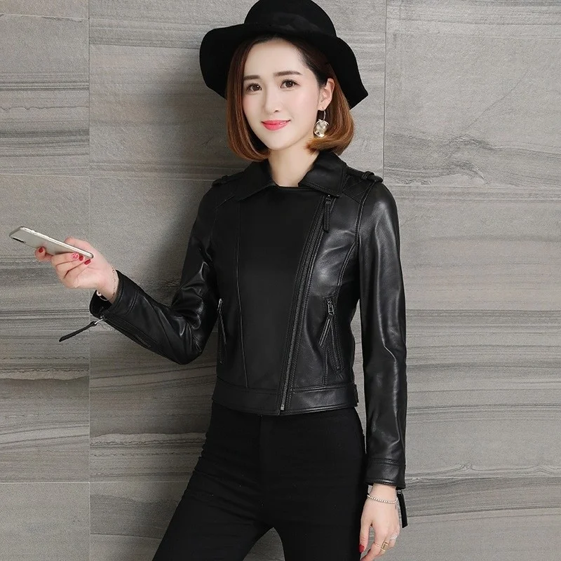 Real Autumn Leather Slim Jacket Women Streetwear Quality Sheepskin Genuine Leather Coat Office Lady Motorcycle Leather Jacket