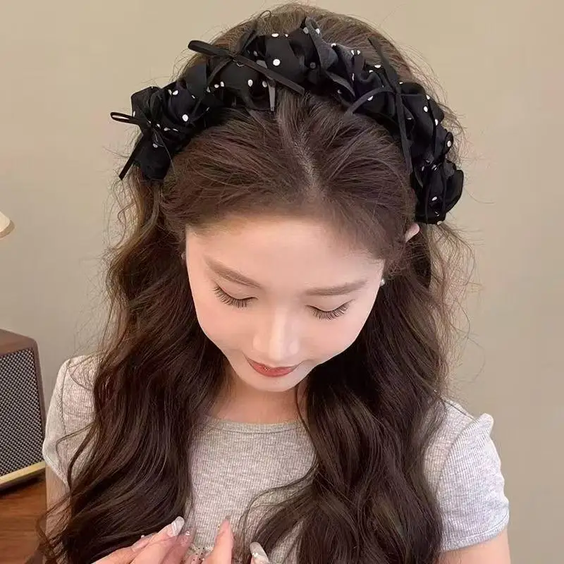 Retro Black White Polka Dot Hair Hoop Elegant Wide Pleated Headband for Girls Fashion Accessory