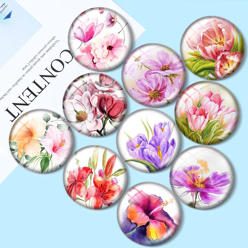 Beautiful tulips with painted flowers 10pcs 12mm/16mm/18mm/25mm Round Photo Glass Cabochon Demo Flat Back Making findings