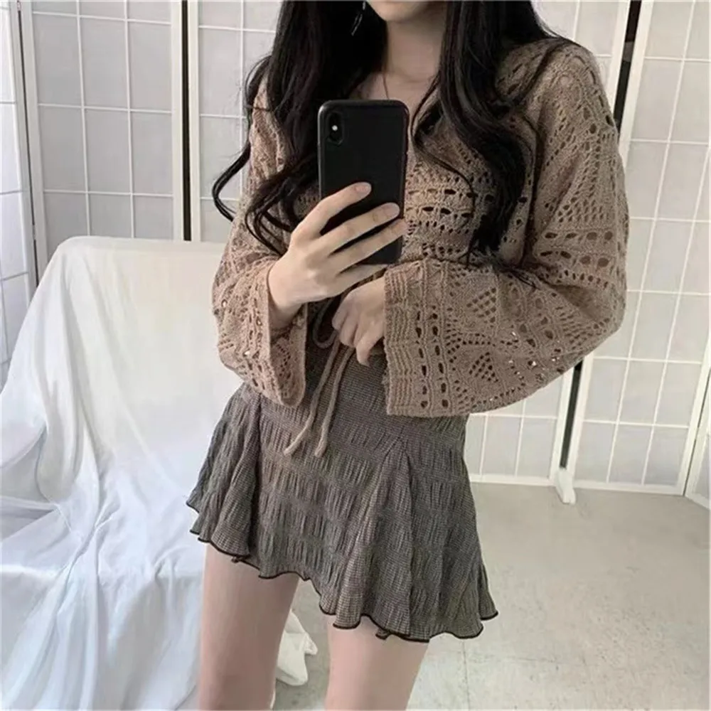 2024 Korean Fashion Cropped Lace-up Design Pure Hollow Out Knitwear All-match Simple Tops Sweaters Women Spring College