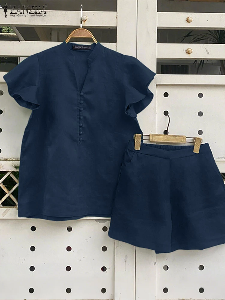 

2025 ZANZEA Summer 2PCS V Neck Short Sleeve Blouse Short Sets Women Outfits Casual Solid Tracksuit Fashion Matching Set Oversize