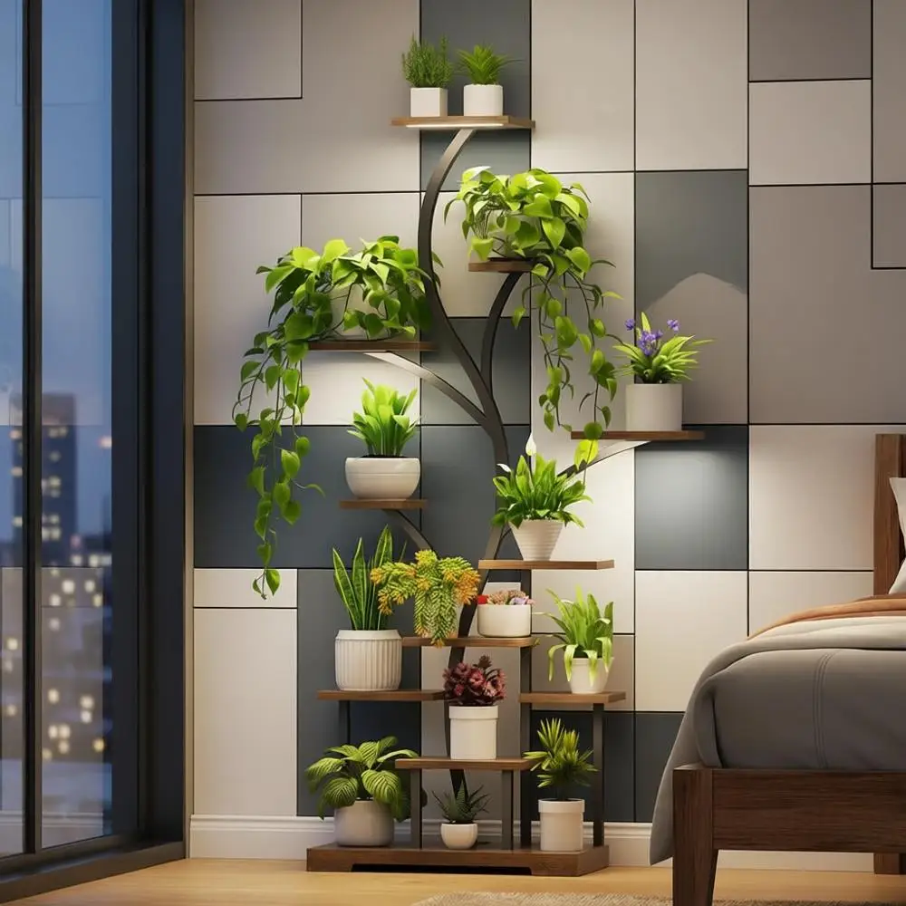 

Металлическая подставка для растений на 11 ярусов с LED-подсветкой, для больших растений, для использования в помещении и на улице (коричневая)