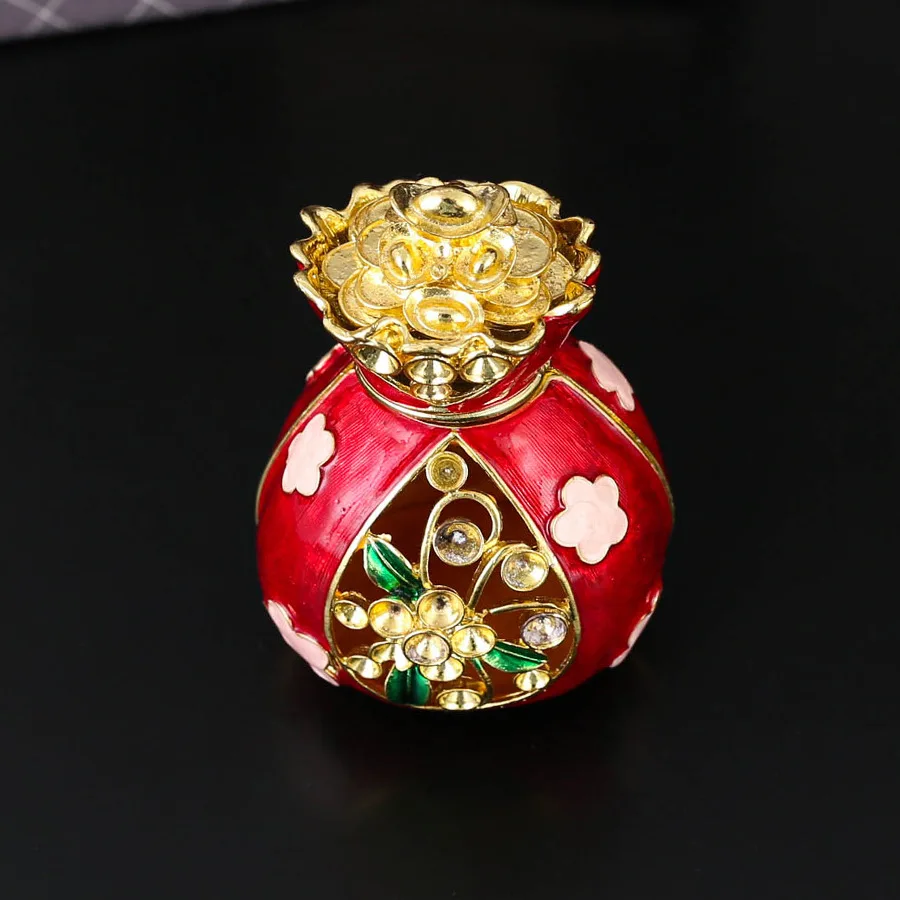 Chinese style Small Lucky Bag Shape Ring Jewelry Box Hand-Painted Enamel Red Trinket Storage Organizer Box Unique Gift for Deco