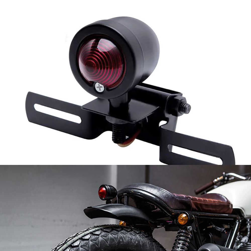 

Motorcycle Tail Light with License Plate Bracket Holder Retro Rear Lamp for Cafe Racer Custom Bobber Chopper Round