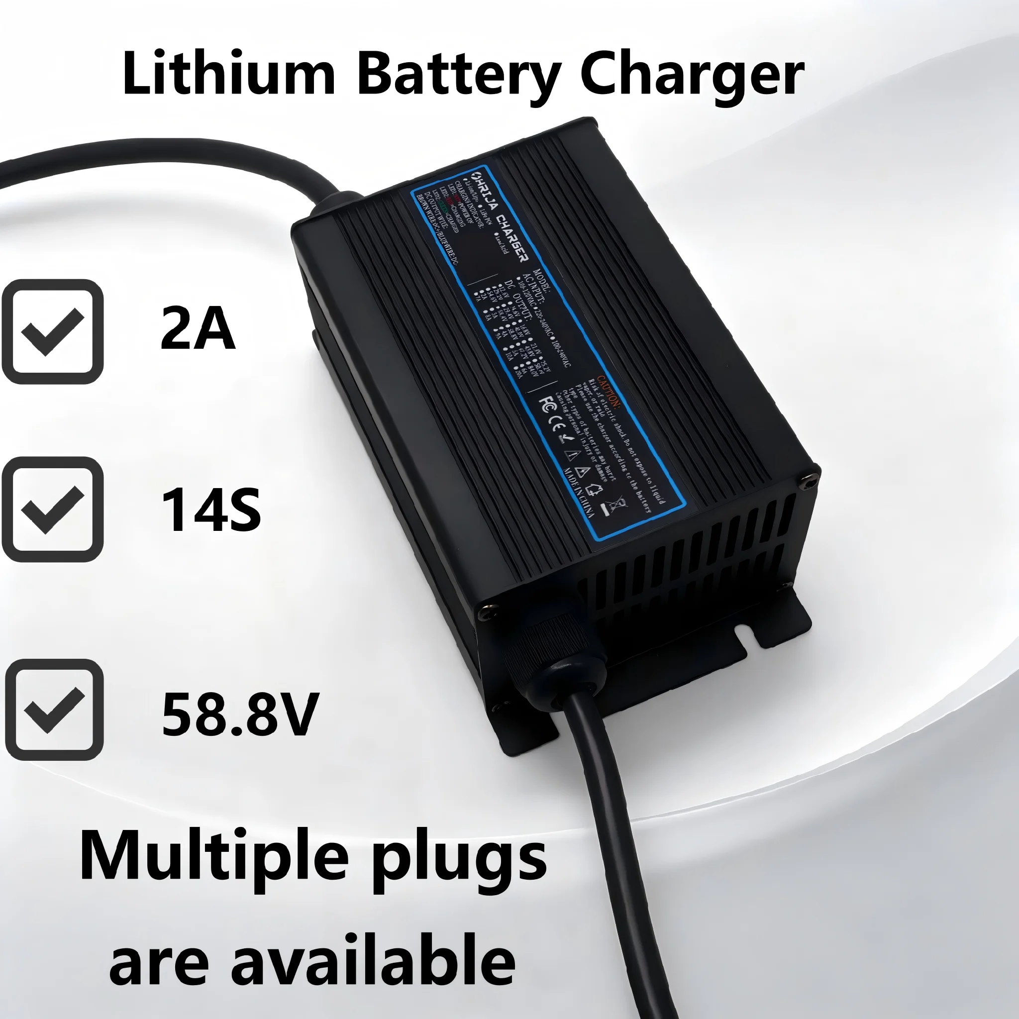 OHRIJA 58.8V 2Acharger quick aluminum shell suitable for 14S 51.8V Lithium Battery Charger detachable connector plug is optional