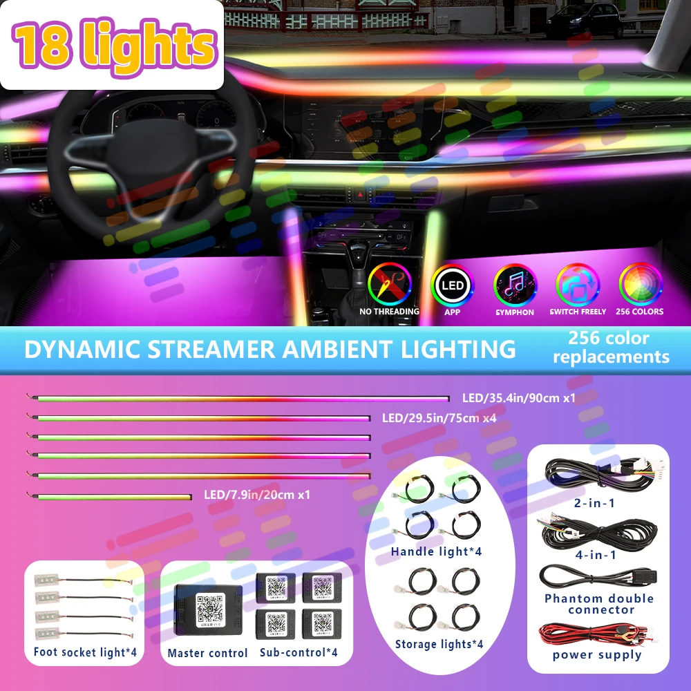 18in1 Car Ambient Acrylic Lights App Remote Control 64 RGB Colorful LED Auto Interior Accessories Rainbow Atmosphere Lamp Strip