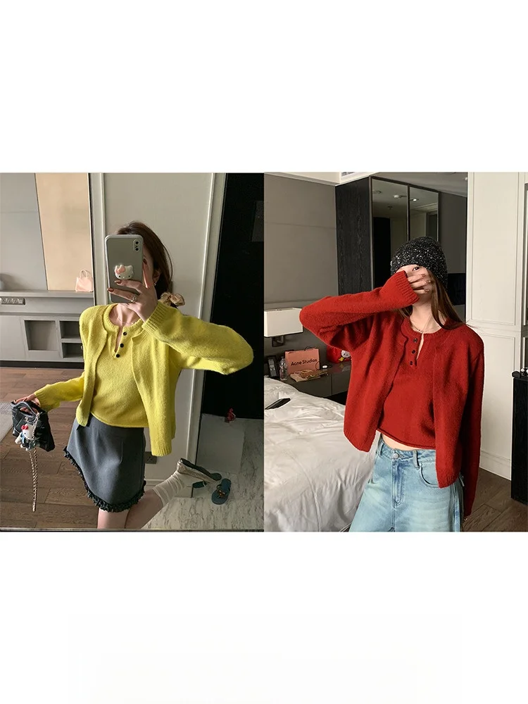 

Женский мягкий уютный вязаный свитер, искусственный двухсекционный многослойный ранний весенний длинный свек, круглый Ne для поездок на работу, чистый цвет