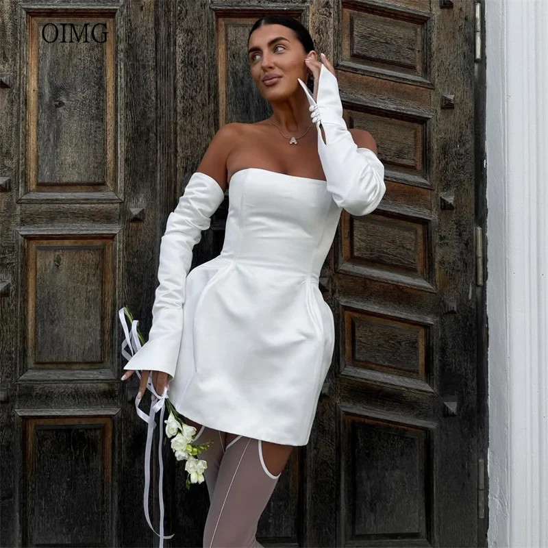 

OIMG Simple Ivory Strapless Ball Wedding Dress Backless Bride Dresses Mini Wedding Gowns vestidos de novia Customized