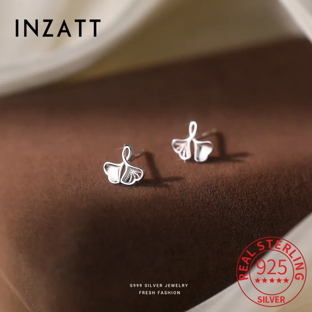 

INZATT Real 925 Sterling Silver Ginkgo Leaf Plant Stud Earrings for Women Classic Fine Jewelry Light Luxury Accessories
