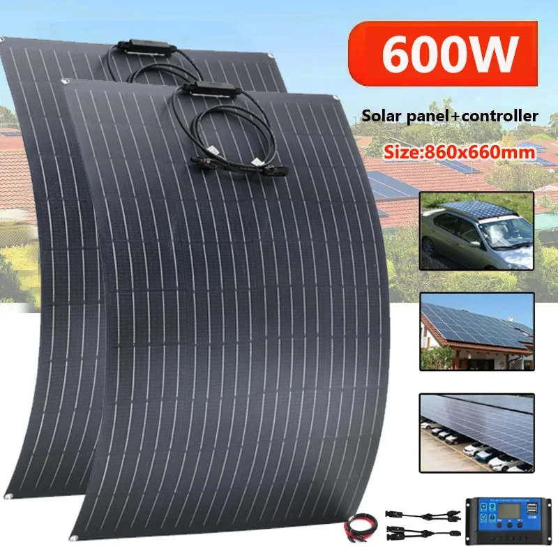 600W 300W Solar Panel Kit 18V Flexible Monocrystalline Solar Cells Power Charger for Outdoor Camping Yacht Motorhome Car RV Boat