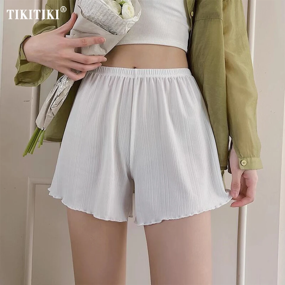 Cotton Shorts Ruffled Safety Pants Women's Outer Wear Leggings Thread Ribbed Striped Stretchy Underpants Summer Thin Boxer