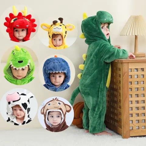 Kigurumi-ropa de Cosplay de dinosaurio de Halloween con capucha, mono de Animal, vaca, mono, unicornio, mameluco grueso para bebé, Mono para recién nacido, Invierno