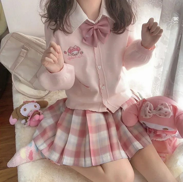 Sanrio Figure Sweater Hellokitty Kuromi Mymelody College Style JK Cardigan Women Loose Sweet Cute Knit Sweater Casual Top Gift