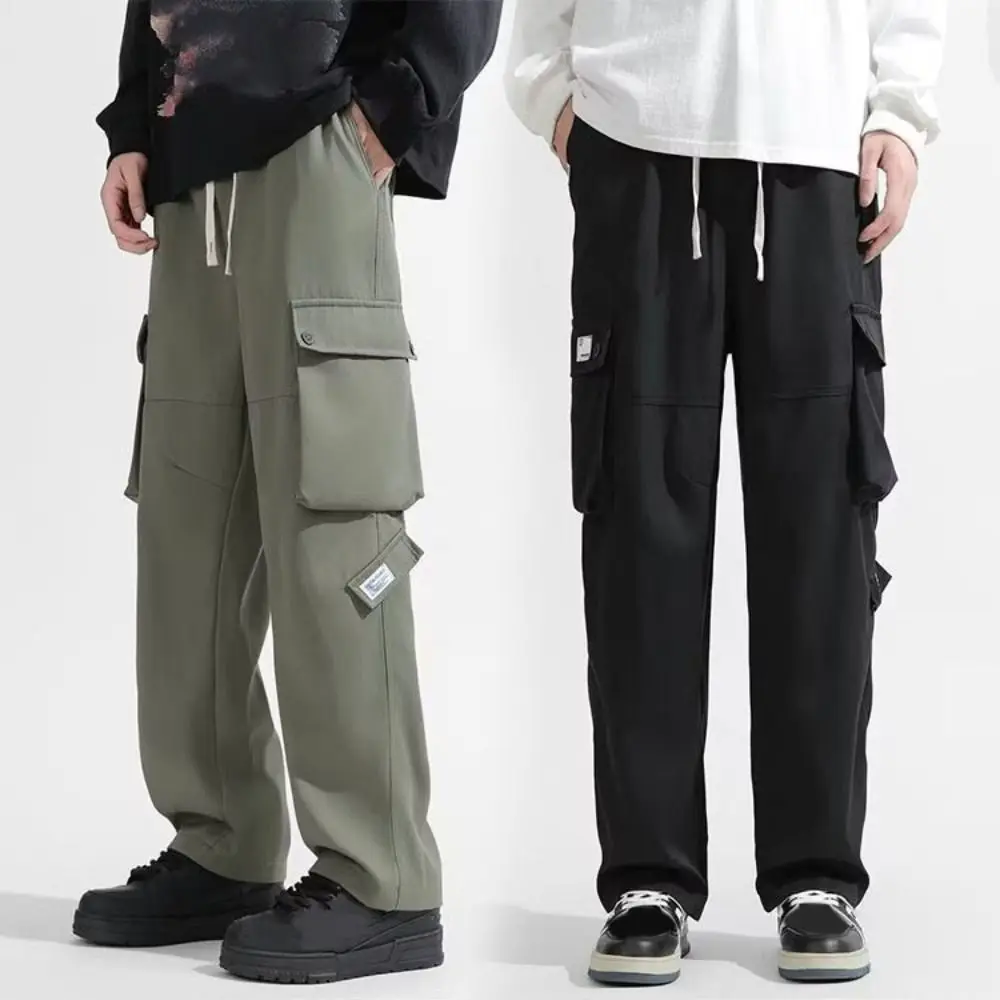 عادية الرباط واسعة الساق Sweatpants Y2K متعددة جيوب فضفاض البضائع السراويل عالية الخصر فضفاض الرجال ركض بنطلون رياضي