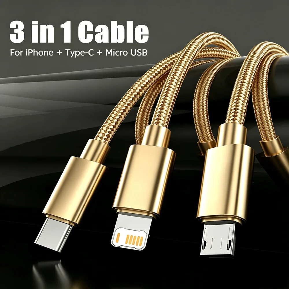 3 In 1 USB Fast Charging Cable For iPhone X XS 11 12 13 14 Samsung Xiaomi Redmi POCO Huawei Honor Micro USB Type C Braided Cable