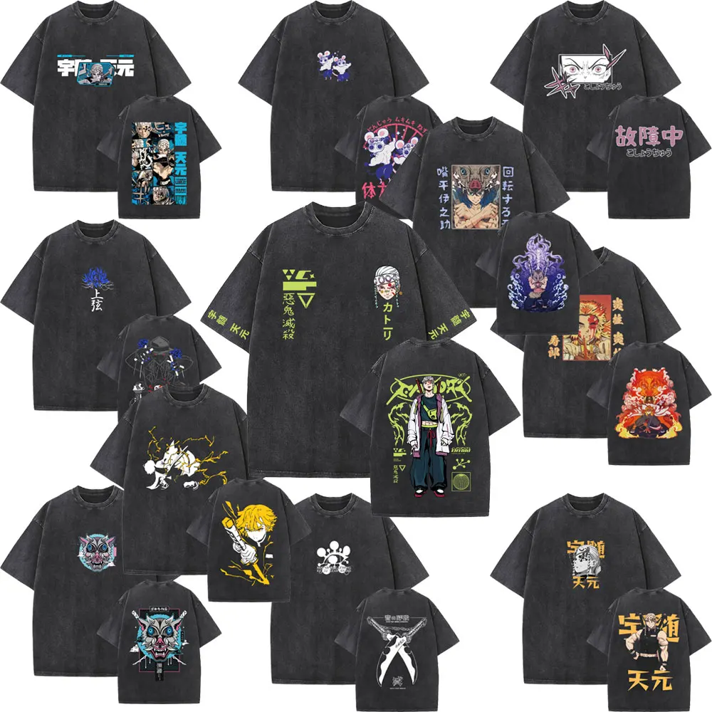 Washed Vintage Anime Demon Slayer Graphic T-shirt Men Women Casual Cotton Oversized T-shirts Men's Cartoon Manga Merch T Shirts