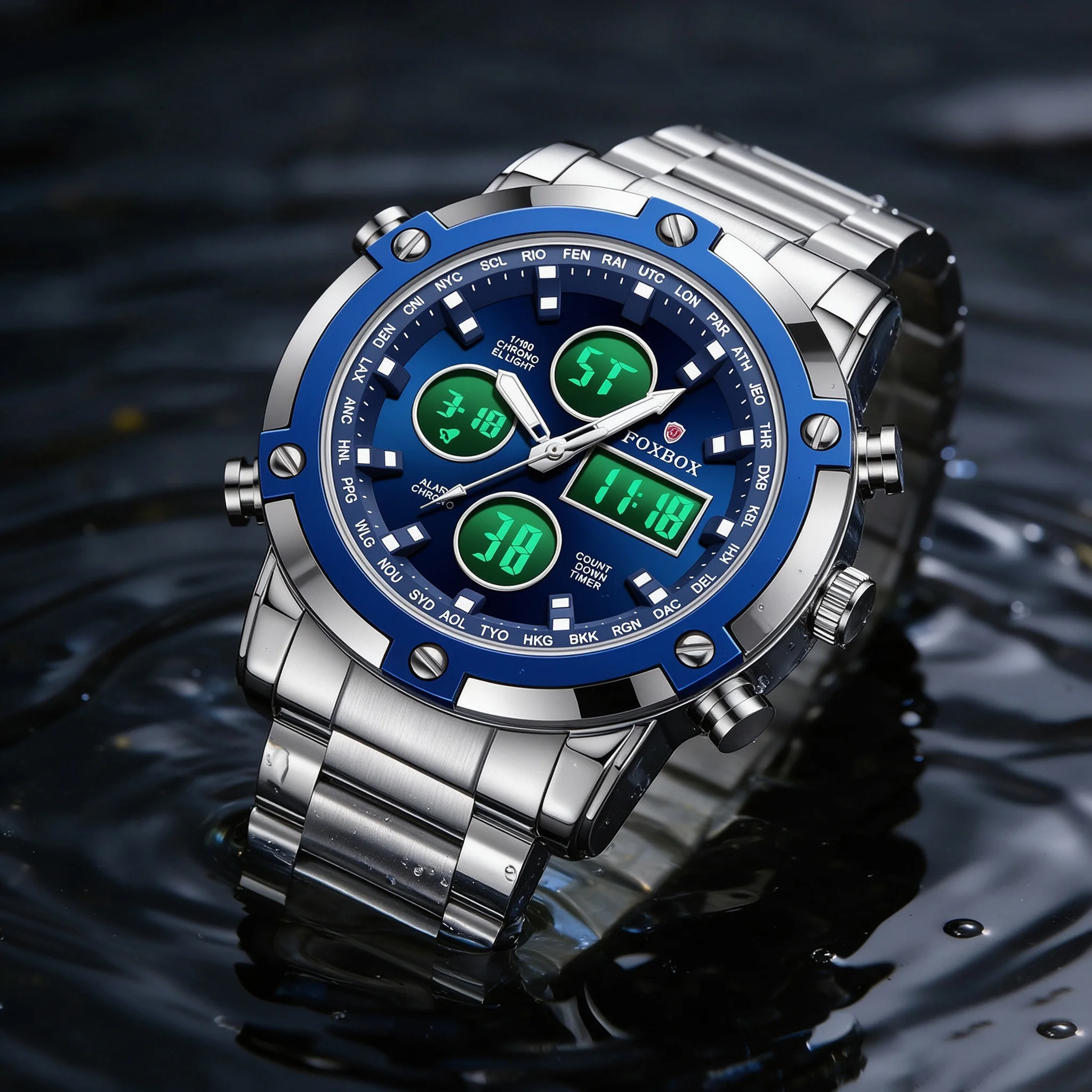 FOXBOX Digital Mens Watches Full Steel Strap Quartz Wristwatch 3 Time Back Light Display Countdown Clock Relogio Masculino