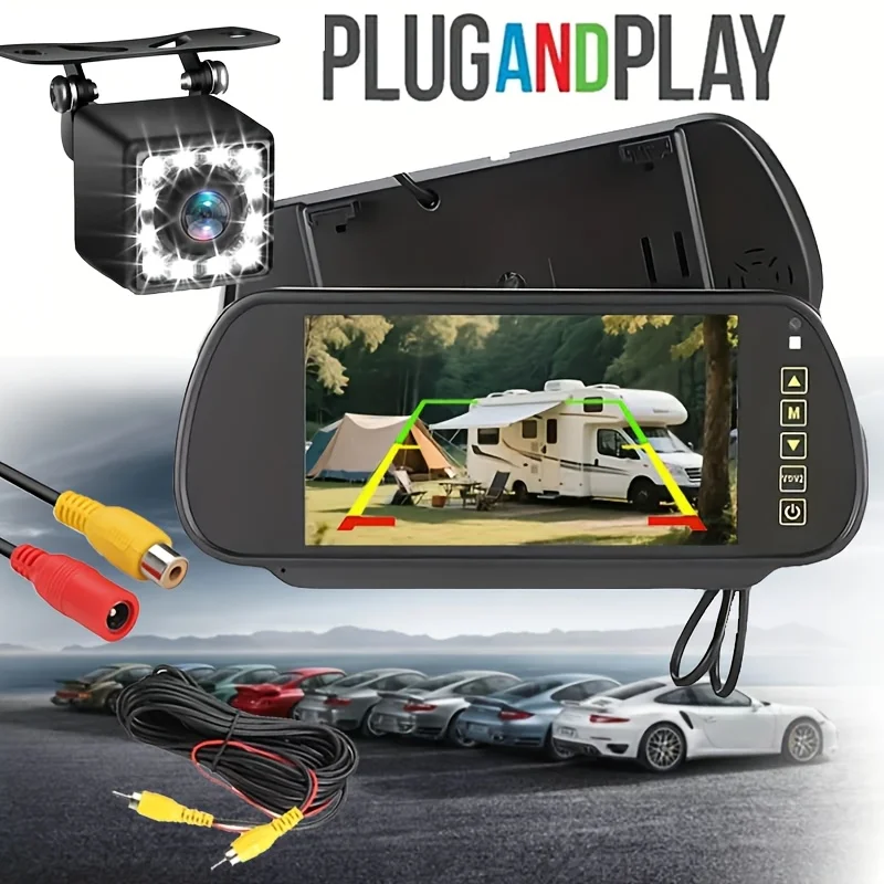 7-Inch Rearview Mirror Display with 12 LED Backup Camera Kit, Universal Reverse Parking System for Trucks, Pickups